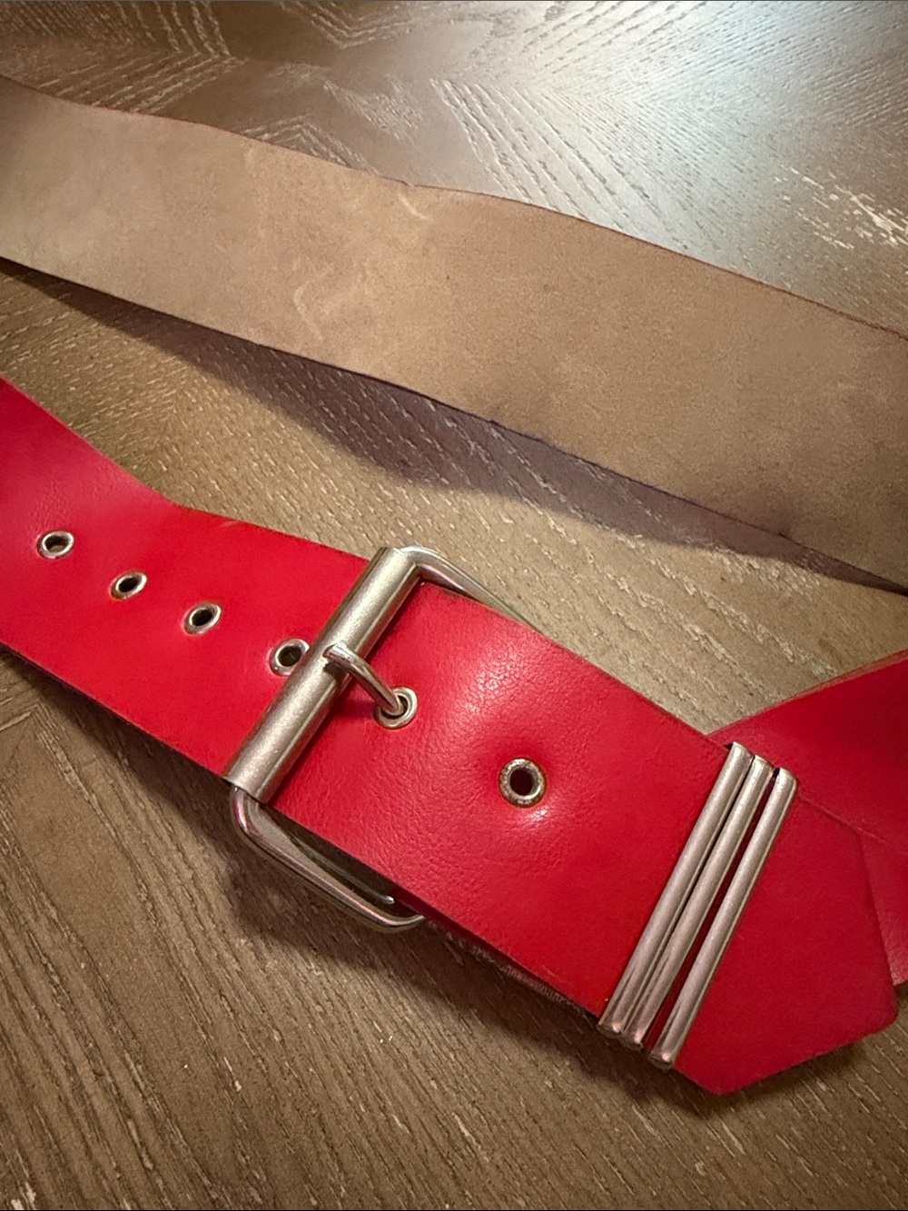 Women’s Red Leather Belt with Silver-Tone Buckle